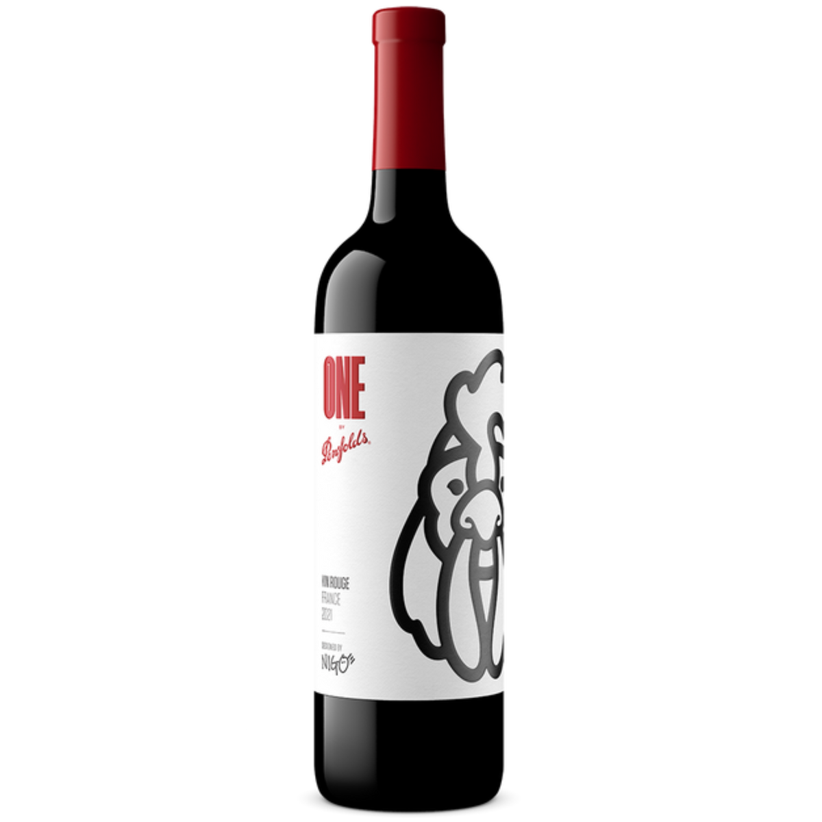 Red wine bottle with a white label featuring a logo on a white background