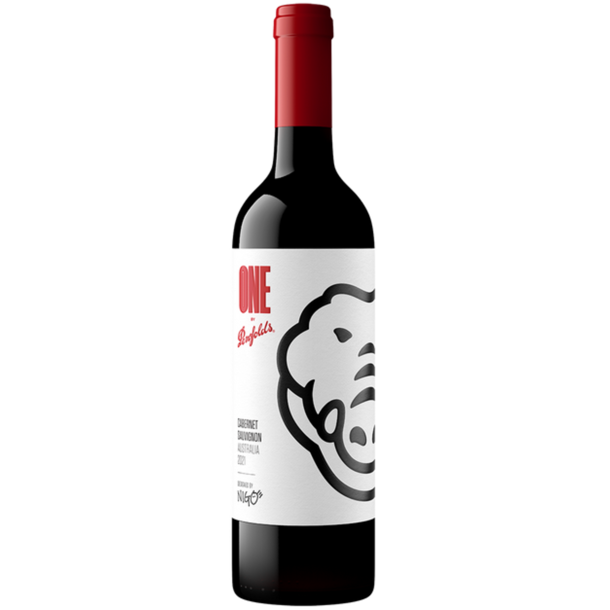 Wine bottle with a white label featuring a black logo and red text on a white background