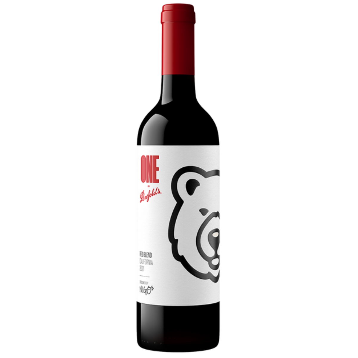 Wine bottle with a white label featuring a bear graphic on a white background